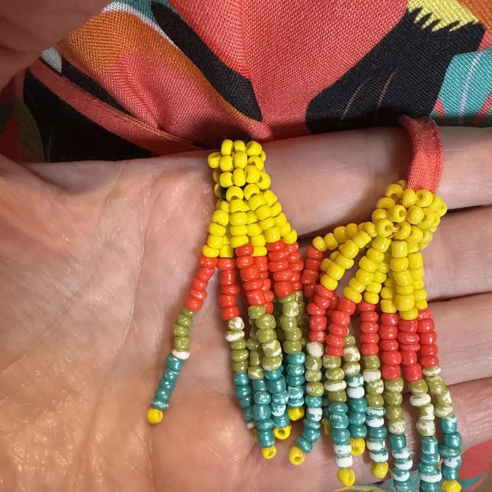 Farm Rio for Anthropologie Rainforest Toucan Wrap Blouse Size XS Beaded Tassel